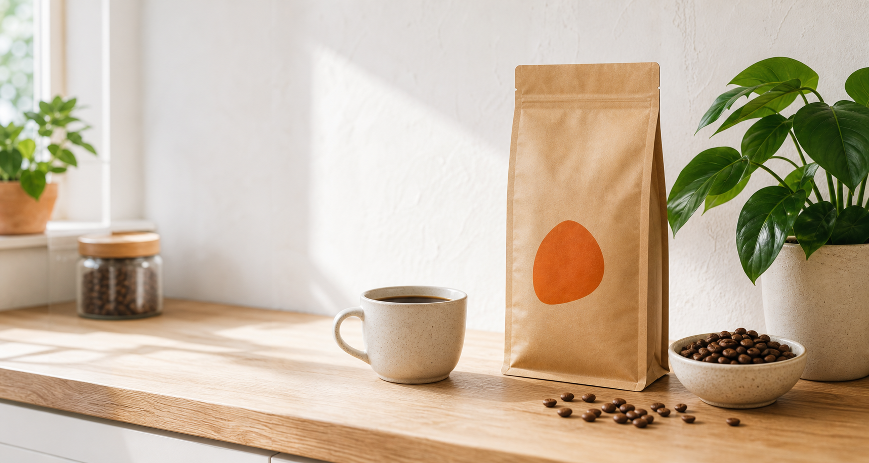 Koffiezak, koffiebonen en kop koffie op een lichte houten tafel